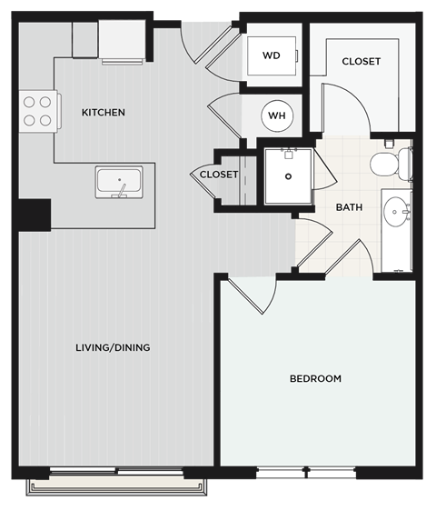Floor plan for 1 bed, 1 bath, 641 sqft